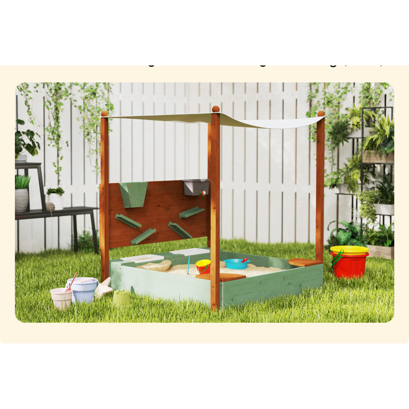 AIYAPLAY Wood Sandpit for Kids with Canopy for Garden, Beach, Green