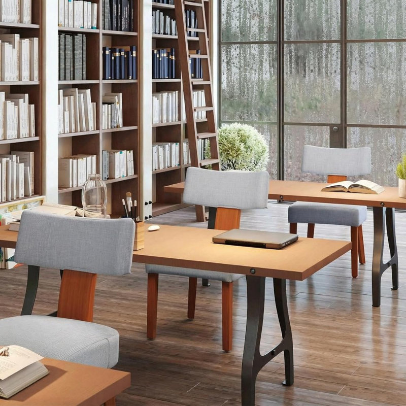 Ensemble de 4 chaises de salle à manger sans accoudoirs modernes, revêtement en lin gris avec dossier incurvé et pieds en bois massif