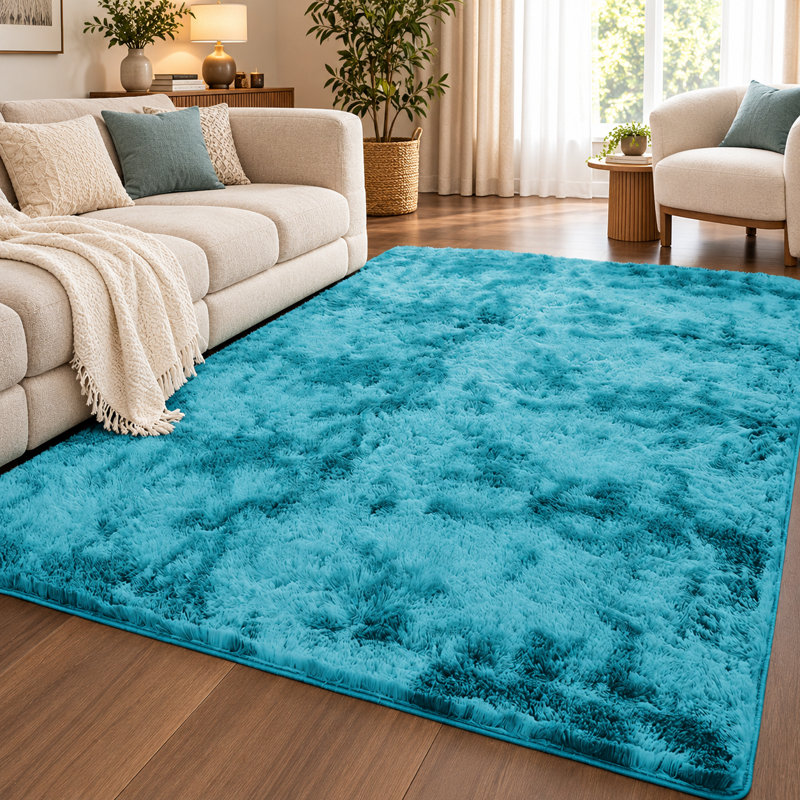 Aspire Homeware Blue Abstract Shaggy Area Rug Soft Modern Indoor Carpet, Rectangle 80cm Width X 150cm Length