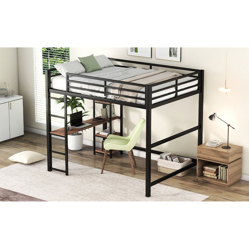 Lit mezzanine double noir avec bureau et rangement - Structure en métal robuste pour un rangement sécuritaire pour dormir