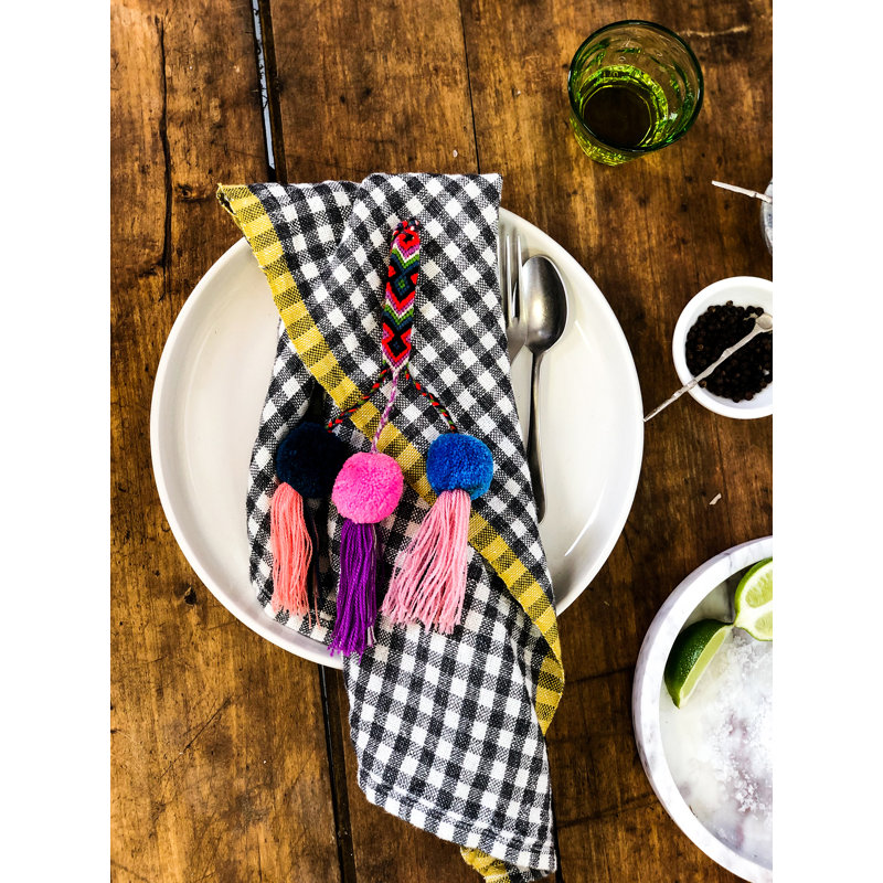 Gingham Linen Square Napkins, Orange/Aqua