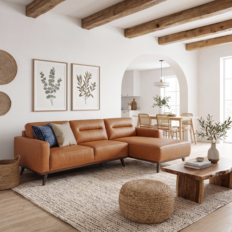 Neithen 109.5" Wide Mid Century Modern L-Shaped Vegan Leather Sofa & Chaise, Right Hand Facing