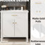 Meuble-lavabo de 31 po en blanc, lavabo en céramique, portes à fermeture en douceur, profil incurvé, structure en bois d'hévéa, accents dorés mat, coffre-fort pour familles blanc avec charnières, tablettes intérieures réglables, forme,-1857892501