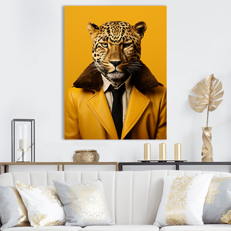 Art mural jaune guépard III, Cadre flottant noir, H 20 po x l 12 po x P 1 po