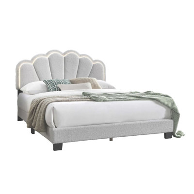 Madsy Full Bed, White Upholstered Fan-Shaped Headboard, Metallic Accents