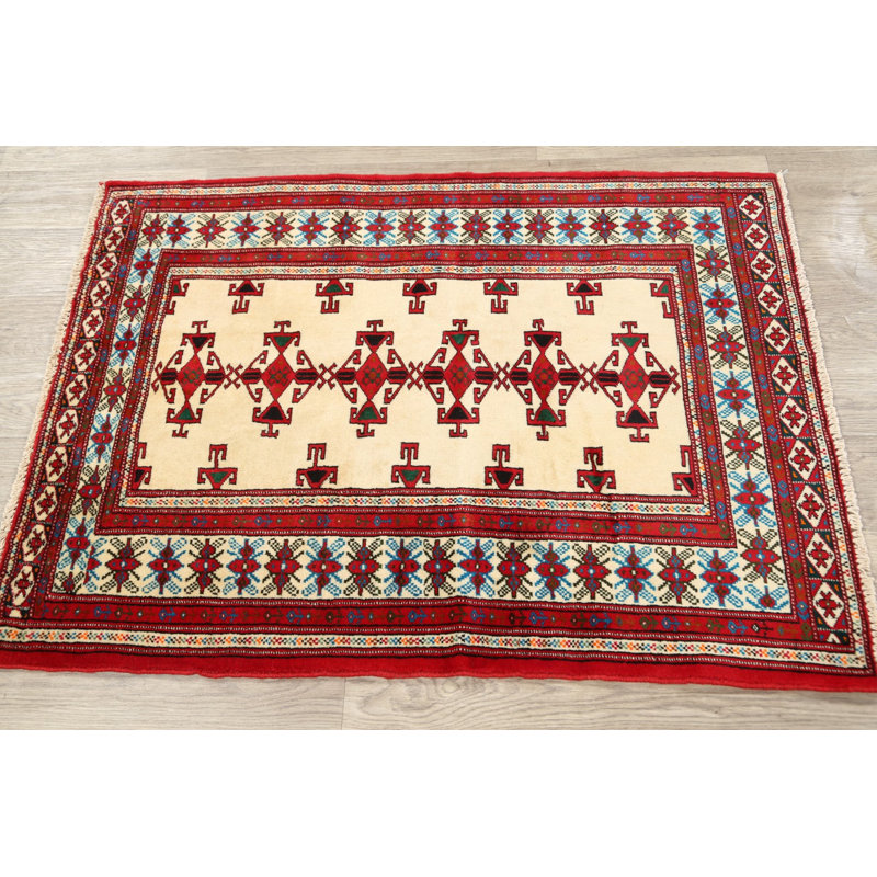 Tapis rouge / beige en laine noué à la main de conception unique 2 pi 10 po x 3 pi 10 po Austino