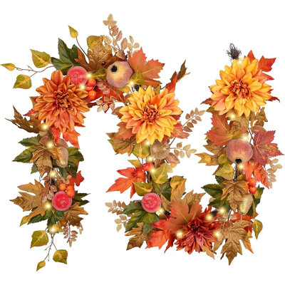 Guirlande pré-éclairée d'automne avec fausses grenades, pommes, fleurs de dahlia, feuilles d'érable et lumières DEL pour manteau de cheminée, foyer, escalier, centre de table, décoration de la fête de l'Action de grâce