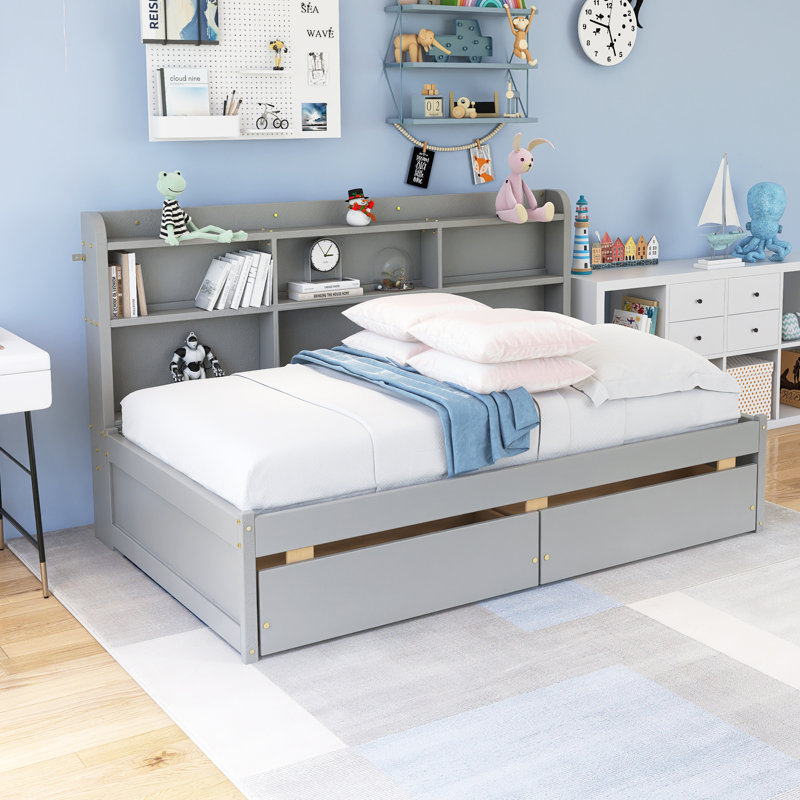 Space-Optimizing Bed With Side Bookcase, Drawers, Gray, Twin 