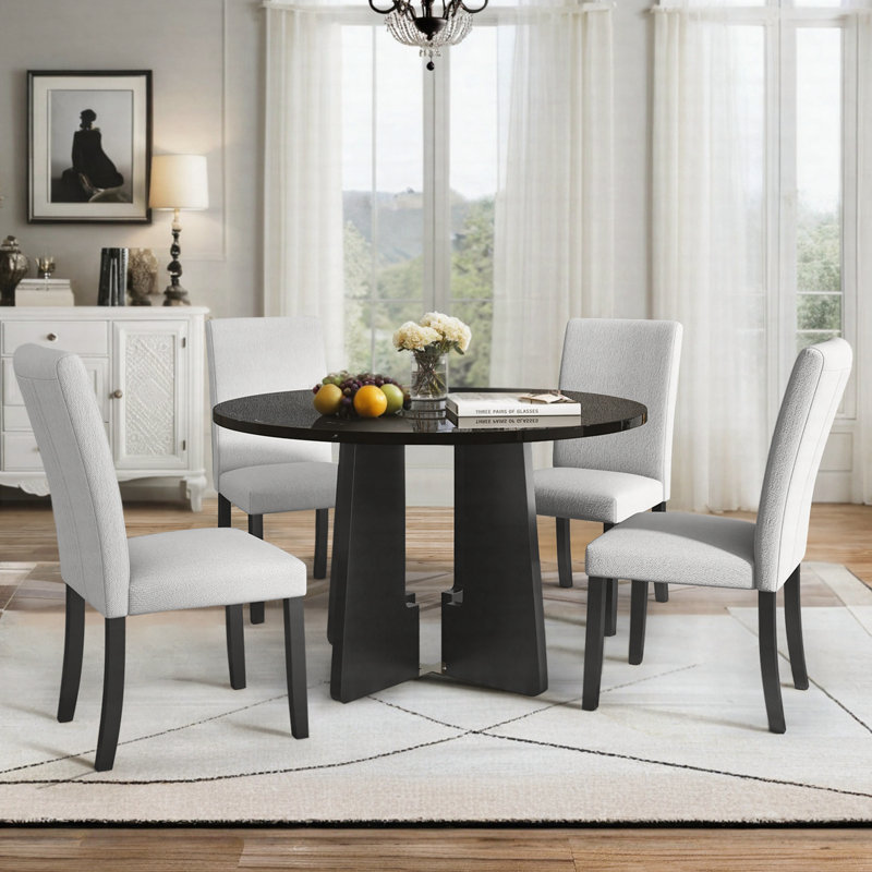 Ensemble de table de salle à manger 5 pièces 43 po et 4 chaises rembourrées, Noir, Beige