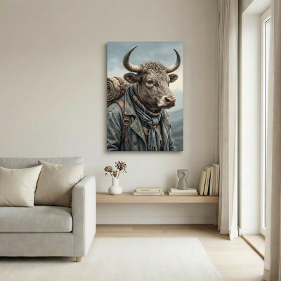 Brown Bull With Backpack And Scarf In Mountains Canvas Wall Art