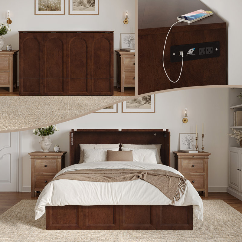 Athena Wood Murphy Bed Chest with 6" Mattress, Storage Drawer, and Built-in Charger, Walnut