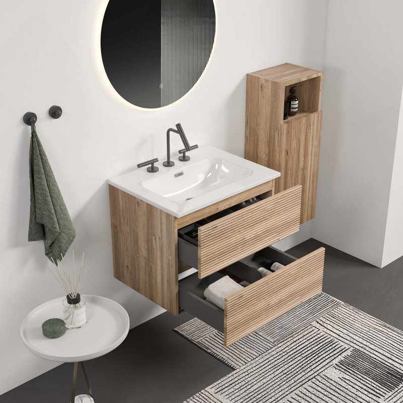 Meuble-lavabo mural avec lavabo en céramique intégré à 3 trous et trop-plein (sans armoire murale à côté), Chêne, 24"