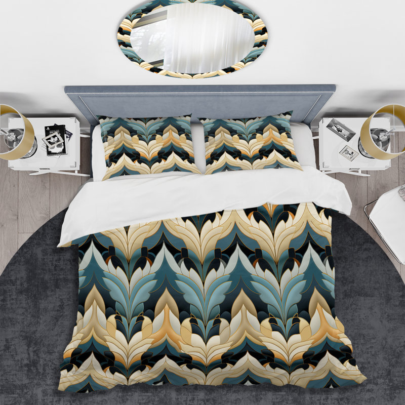 Literie à motif de chevrons beige et bleu, Housse de couette pour très grand lit et 2 très