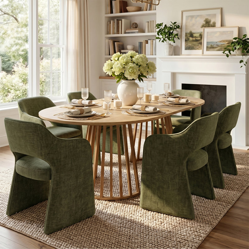 6- Person Dining Table Sets With Extendabe Oval Table & 6 Upholstered Fabric Dining Chairs, Olive Green