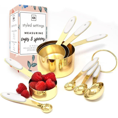 White & Gold Measuring Cups And Spoons Set - 8PC Stackable Stainless Steel Measuring Set - Stylish White And Gold Kitchen Accessories For Precise Baki -  Toledo Bath & Kitchen, DL6B08LZPZLCG