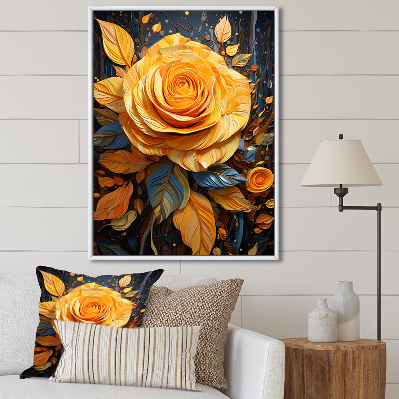 «Yellow Rose Elegance - Roses», art mural, Cadre flottant blanc, H 44 po x l 34 po x P 1,5 po