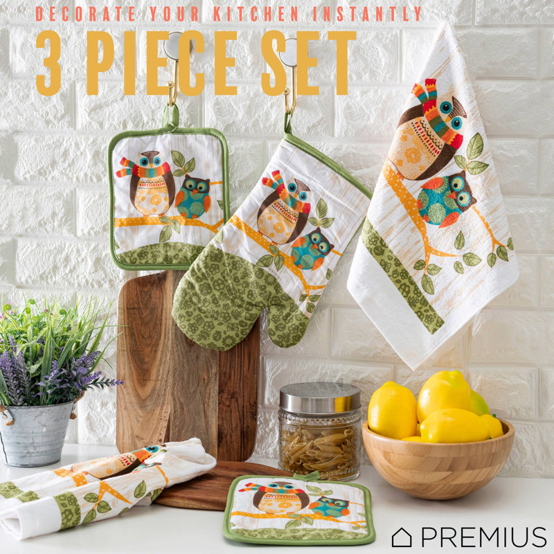Ensemble de linge de cuisine imprimé 3 pièces PREMIUS, hiboux, 1 serviette en coton, 1 support à casserole, 1 gant de cuisine