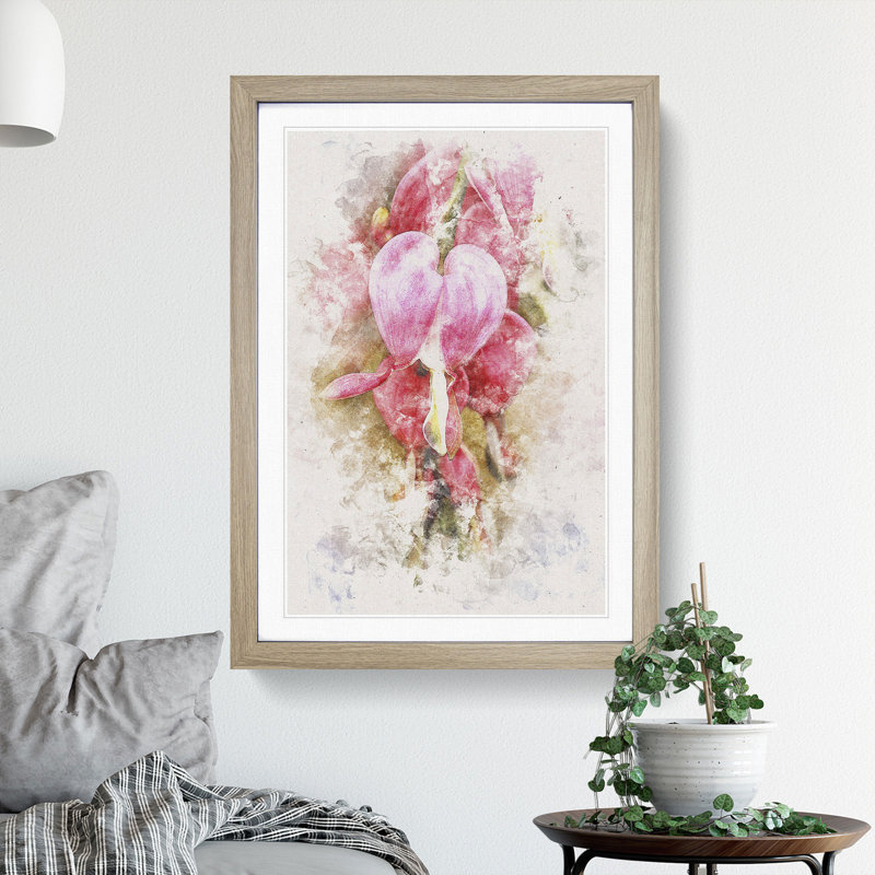 Pink Bleeding Heart Flowers - Picture Frame Painting Print, 45cm H x 33cm W x 2cm D, Oak Framed