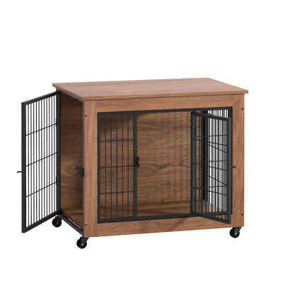 32.5" Wooden Dog Crate On Wheels, 2-Door Heavy Duty Kennel End Table For Small Dogs