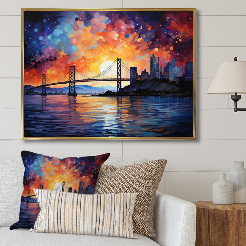 Orange Bridge Gateway Pointillism II, reproduction d'art sur toile, Cadre flottant doré, H 12 po x l 20 po x P 1 po