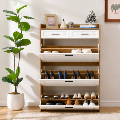 Armoire à chaussures avec 3 tiroirs rabattables cachés et 2 tiroirs de rangement, armoire de rangement étroite pour chaussures en panneau de particules, armoire à chaussures autoportante pour le vestibule (blanc et noyer)