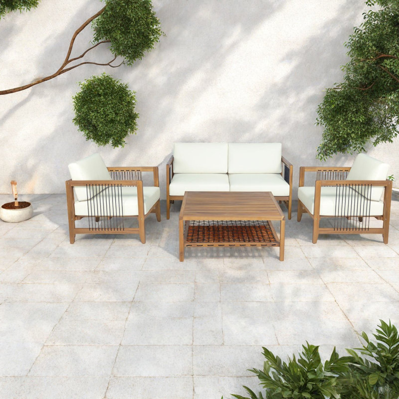 Causeuse de patio moderne, causeuse en bois d'acacia avec coussins beiges pour patio