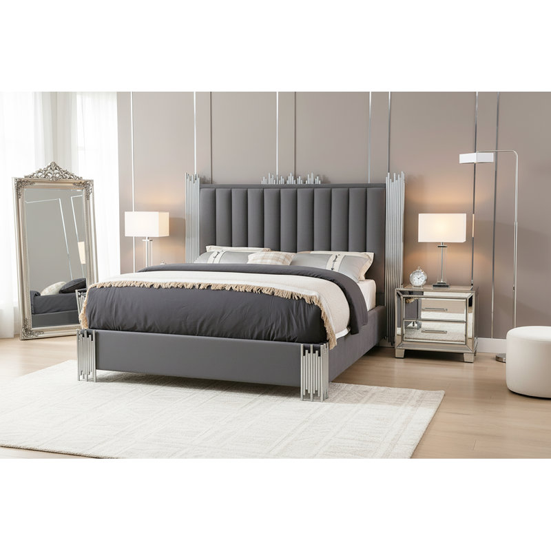 Lit tapissier standard à profil bas Elvyra, Grand, Gris / argenté