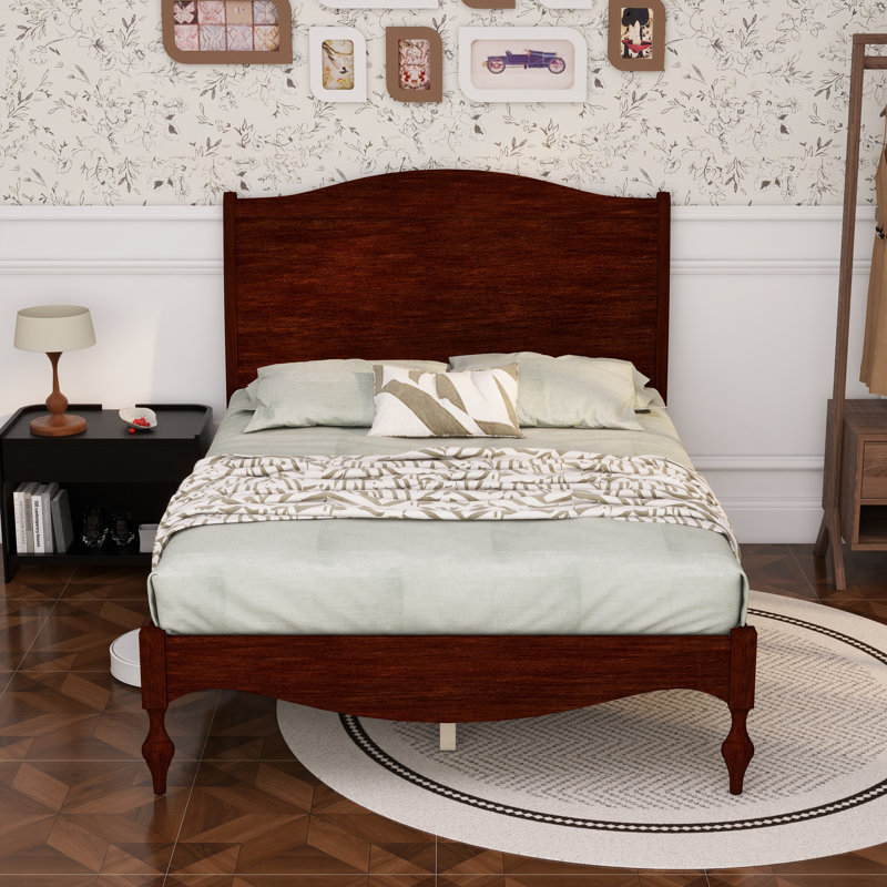 Structure de lit double en bois avec tête de lit, lit plateforme rétro, tête de lit arquée traditionnelle et pied de lit, grand rangement sous le lit, aucun sommier nécessaire, assemblage facile, noyer foncé