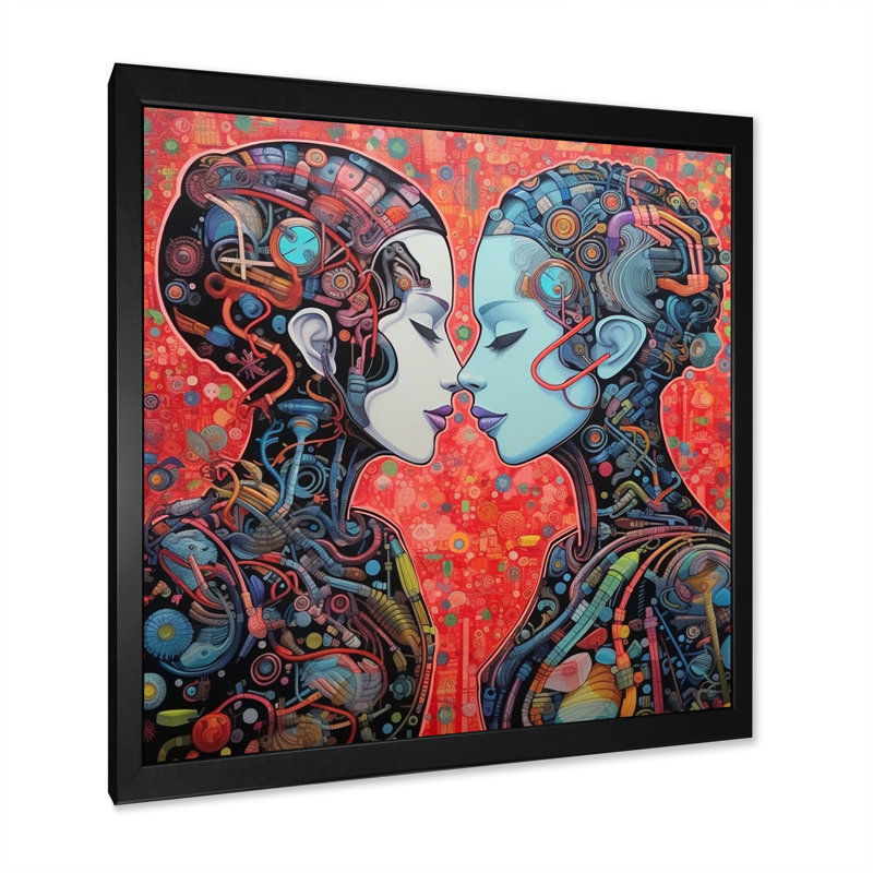 Charmant Robots célébrant l'amour rétro - reproduction sur toile, H 16 po x l 16 po x P 1 po, Cadre simple noir