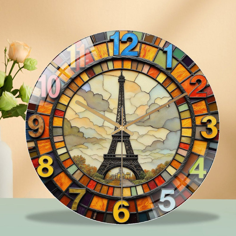 Eiffel Tower Decorative Wall Clock Stained Glass Art - 12'' Modern Glass Wall Clock