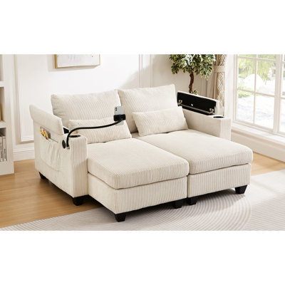 Convertible beige 63 po avec tissu en velours côtelé, porte-gobelet, porte-téléphone et rangement latéral: méridienne, velours côtelé doux, supports