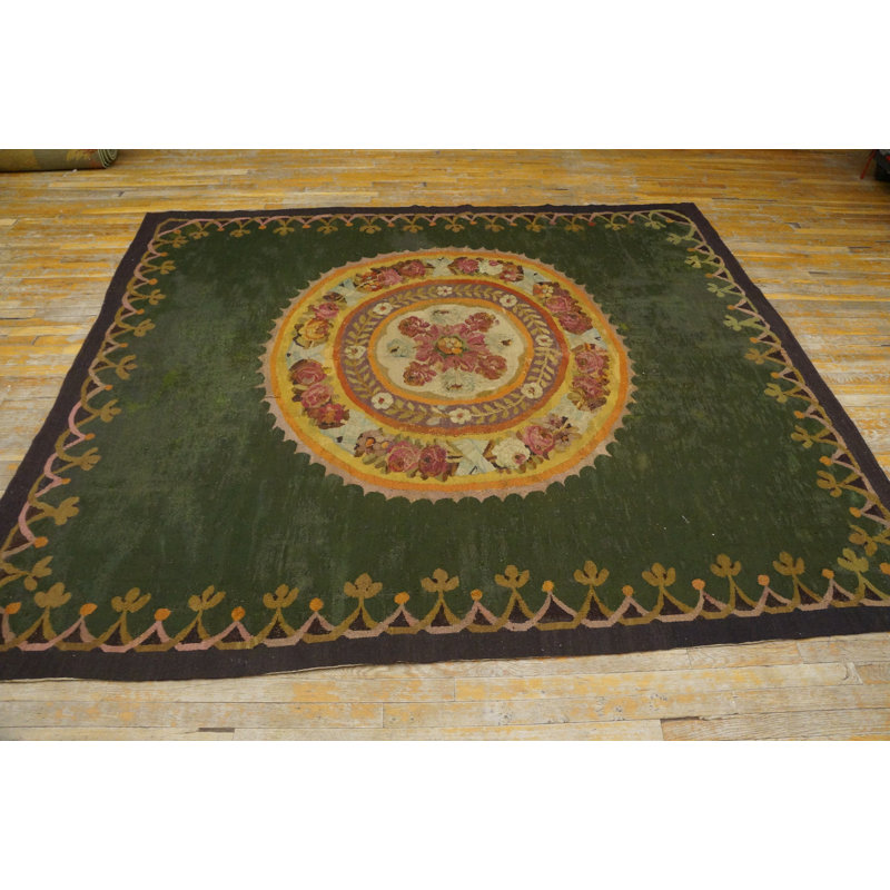 Green Antique  First Empire Floral Medallion Design French Aubusson Rug
