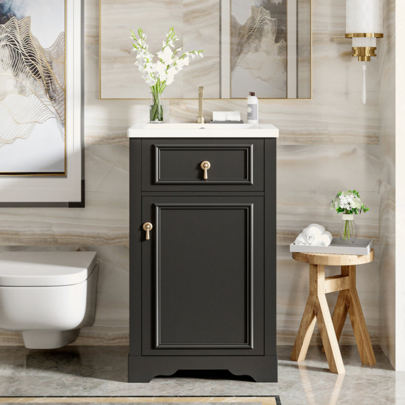 Meuble-lavabo en bois véritable et panneau de fibres à densité moyenne de 20 pouces - lavabo en céramique / porte à fermeture en douceur, tablette réglable / support de porte et protection contre le débordement, idéal pour les salles de bain petites et étroites