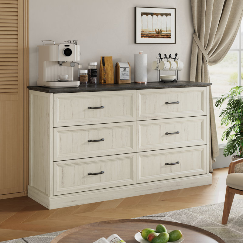 Commode 6 tiroirs pour chambre Hava Farmhouse, commode double 55 po et commode, Blanc
