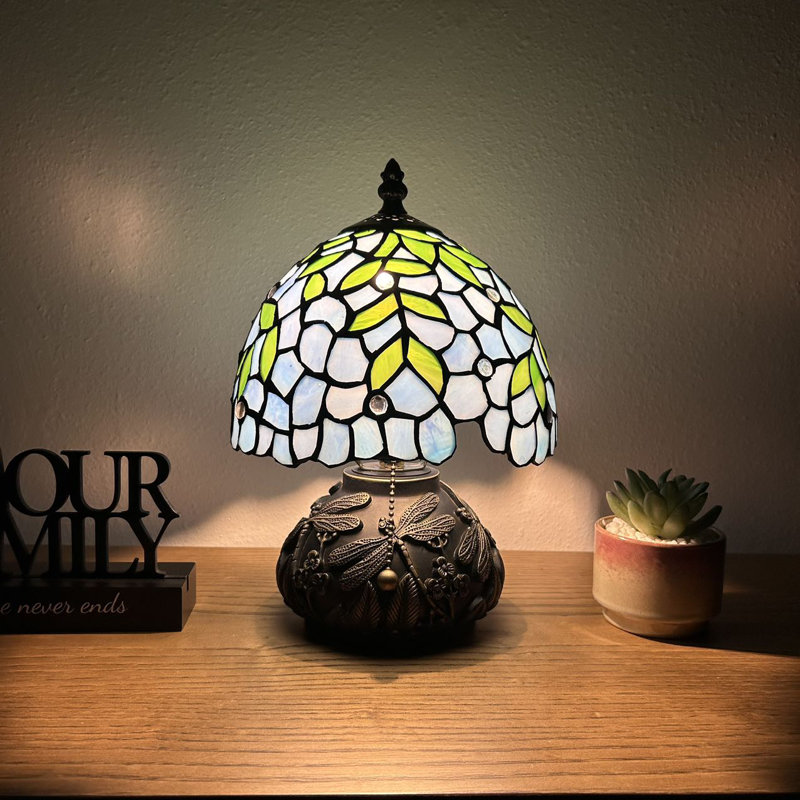 Standwood Tiffany Mini Table Lamp Blue Stained Glass Green Leaves LED Bulb Dragonfly Base 12"H*8"W*8"D