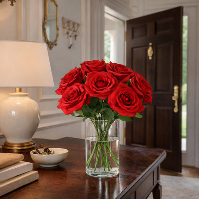 Rouge | Fleurs roses artificielles en soie, bouquet de roses réalistes, longue tige - L 19 po