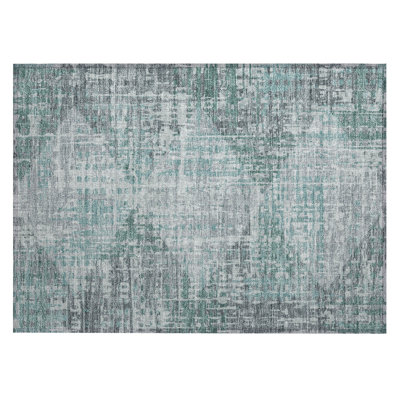 Machine Washable Indoor/Outdoor Xhevrie Teal Rug