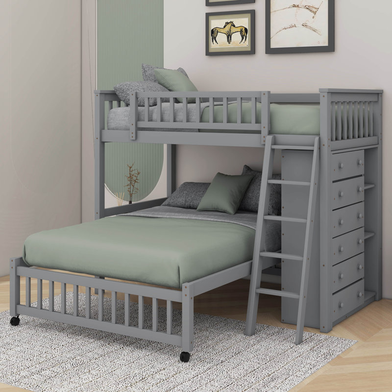 Twin Over Full Bunk Bed With Drawers, Gray