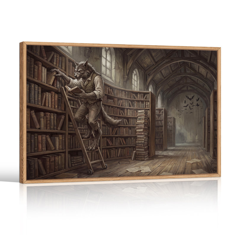 Loup, bibliothèque, lecture, bibliothèque, art mural d'Halloween, H 32 po x l 48 po