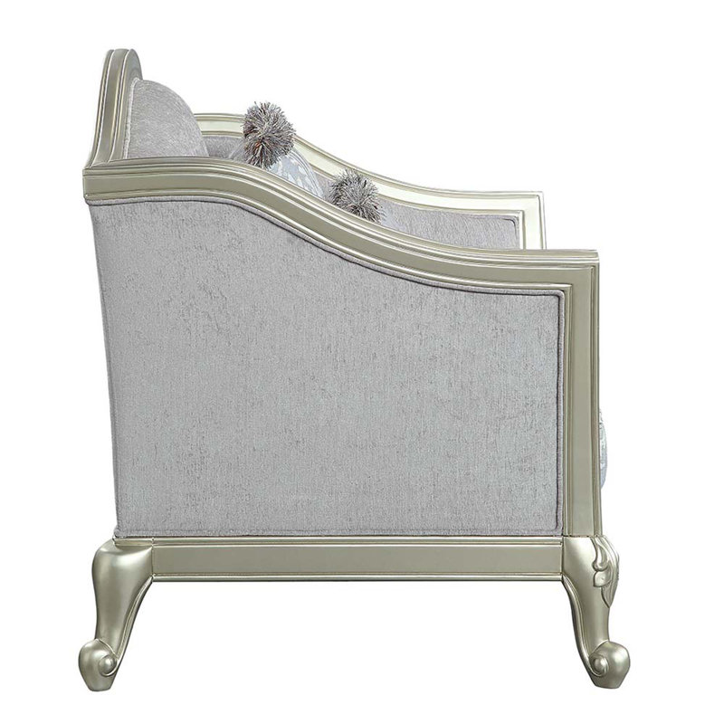 66" Light Gray Linen Loveseat with Champagne Wood Trim