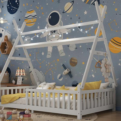 Lit simple simple avec lumière, lit surélevé avec clôture et toit pour enfants garçons filles, blanc