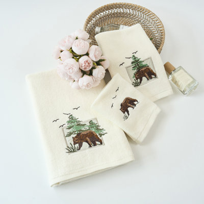 Shockey Home Decor Premium Luxury Ultra Soft 100% Cotton Embroidery Kitchen Bathroom Modern 3 Piece Embroidered Towel Set, Bear with Ivory Base Pattern