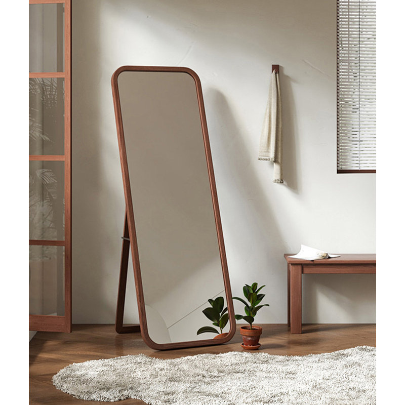 Miroir moderne autoportant complet en bois à bord arrondi pour la décoration de chambre à coucher, Brun