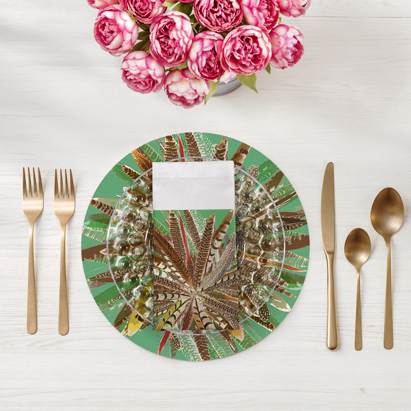 Pheasant Feathers Cotton Sateen Dinner Napkins, Green