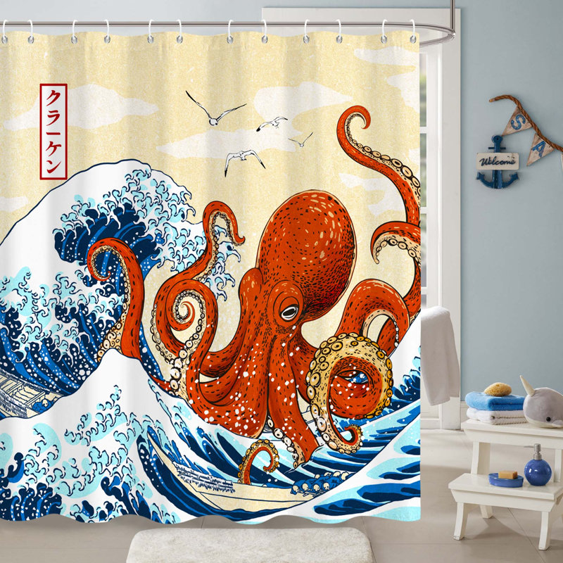 Drôle de rideau de douche Octopus Wave, décor de salle de bain nautique japonais Kraken, 36 po x 72 po