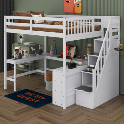 Wood Full Size Loft Bed Frame With Built-In L Shaped Desk & 3 Storage Shelves & Attached Storage Stairs For Kids