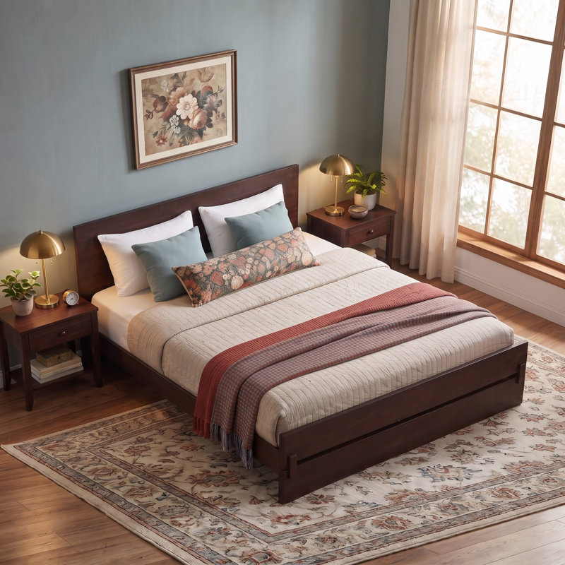 Bamboo Platform Bed with Reinforced Slat Support, Queen, Noyer