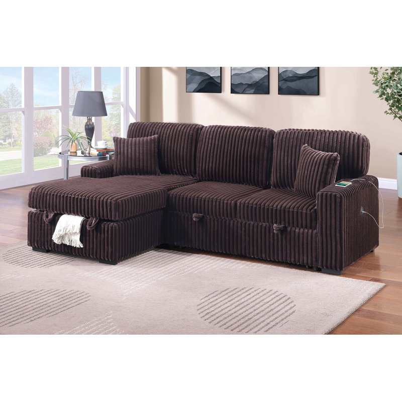 Canapé modulaire convertible 2 pièces de style moderne avec porte-gobelet pliable et porte-gobelet USB, Velours côtelé brun
