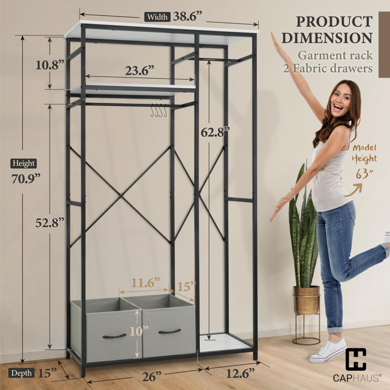 Portant à vêtements en métal robuste avec barres de suspension et tiroirs, capacité de 550 lb, blanc, Blanc