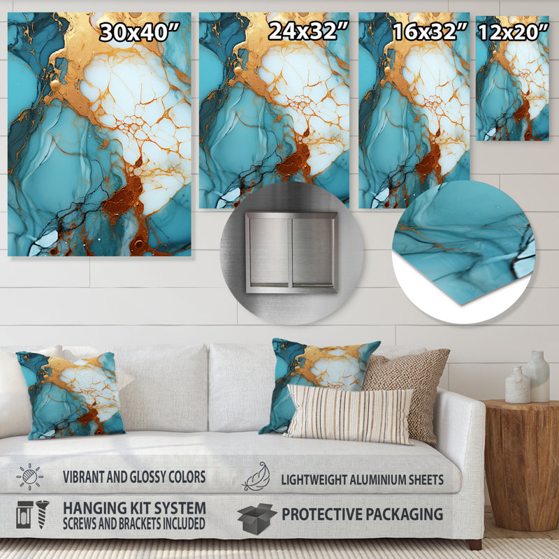 Encre en marbre doré et bleu - Décoration murale en marbre, H 20 po x l 12 po x P 1 po